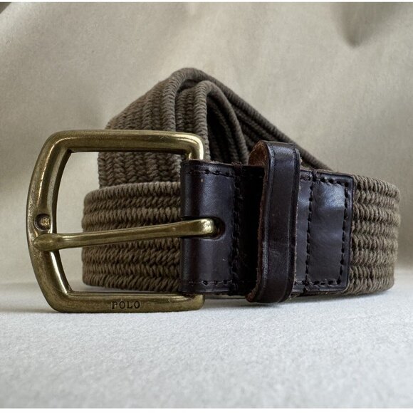 Polo Ralph LaurenBraided Leather Trim Belt BROWN Khaki Stretchy ROPE 40 In